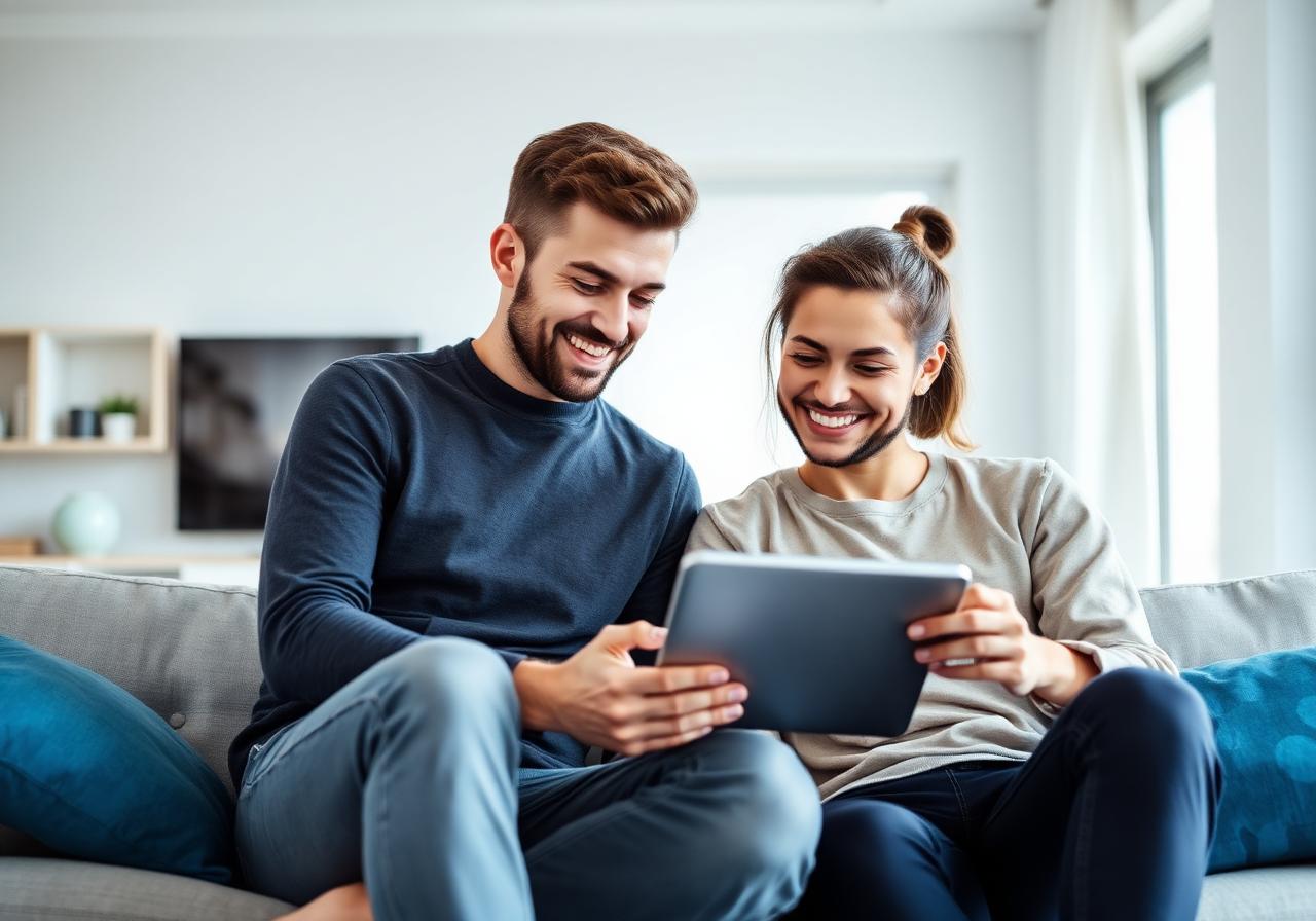 Casal jovem em ambiente acolhedor utilizando tablet